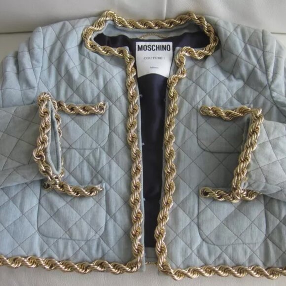MOSCHINO COUTURE LIGHT WASH FADED DENIM QUILT GOLD CHAIN JACKET IT44 USA 10 - Picture 6 of 15